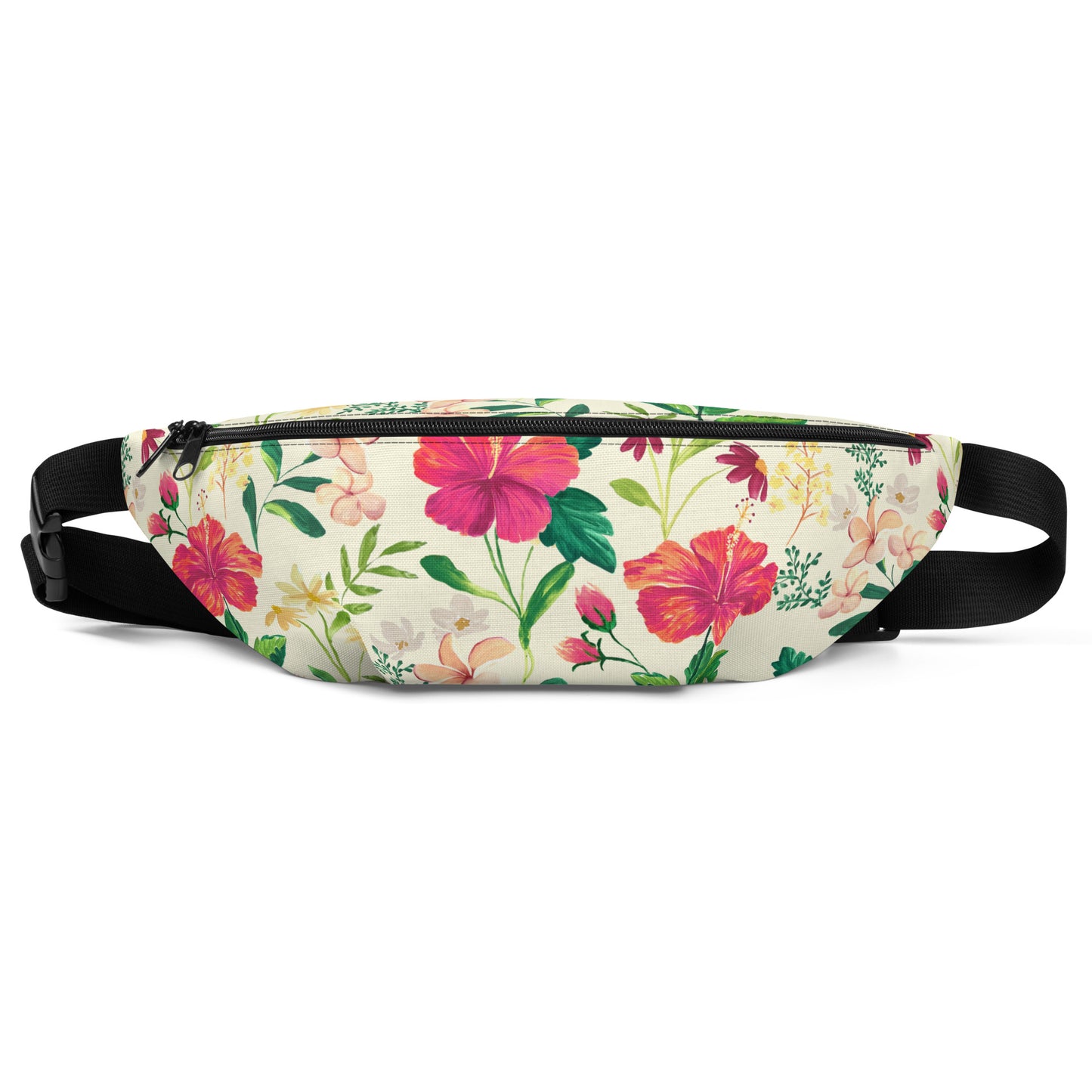 tropical-flowers-fanny-pack-adjustable-black-stripes