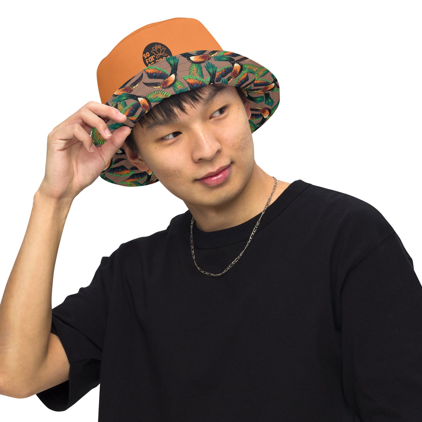 spring-summer-hat-mocha-mousse-orange-tropical-toucans-unisex