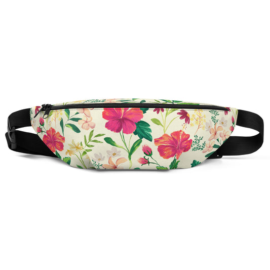 tropical-flowers-fanny-pack-adjustable-black-stripes