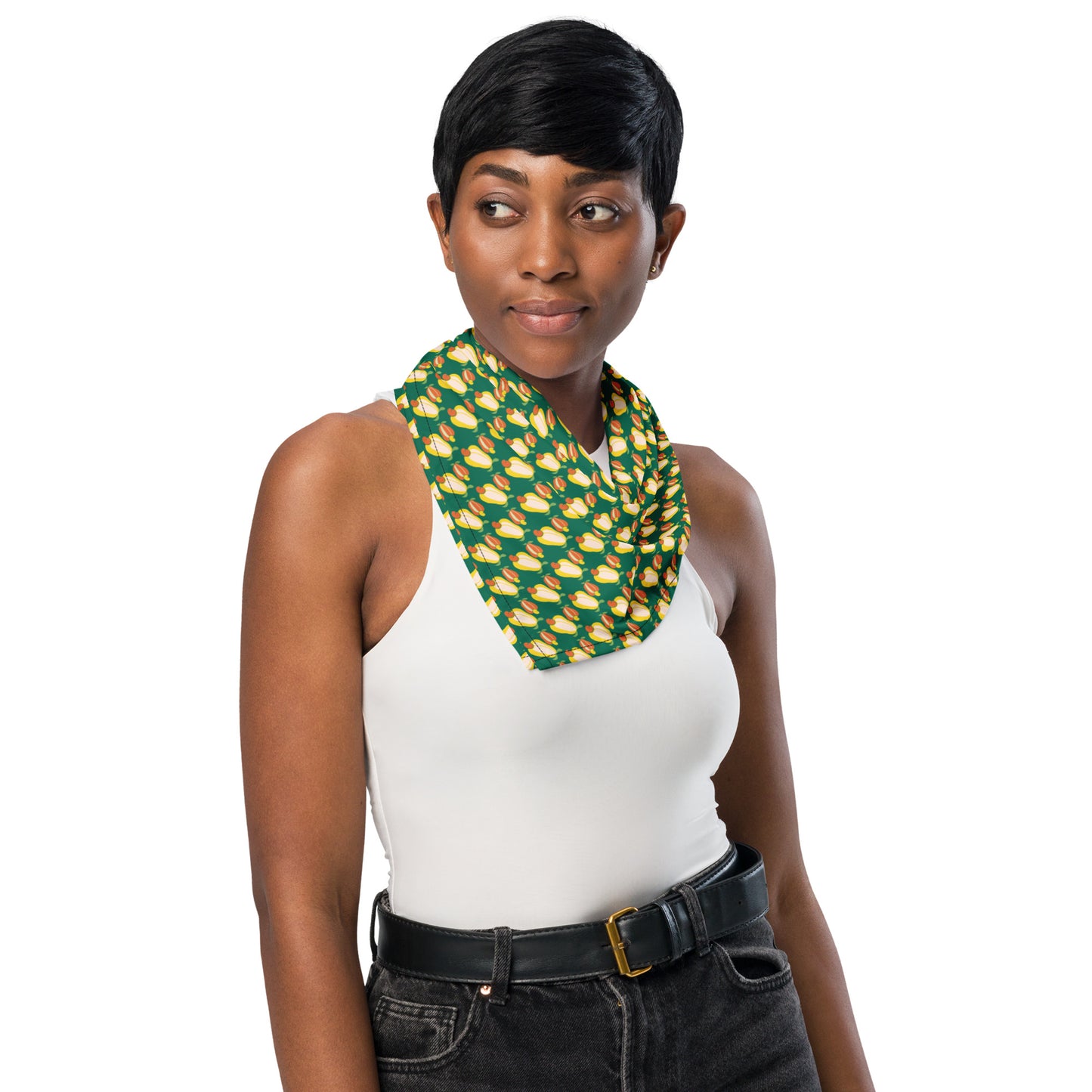 woman-with-neck-bandana-cashew-fruit-colorful-accessory