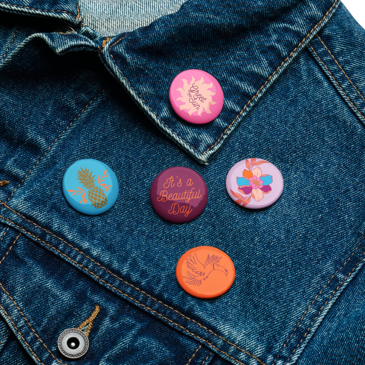 pin-buttons-toucan-flower-sun-pineapple